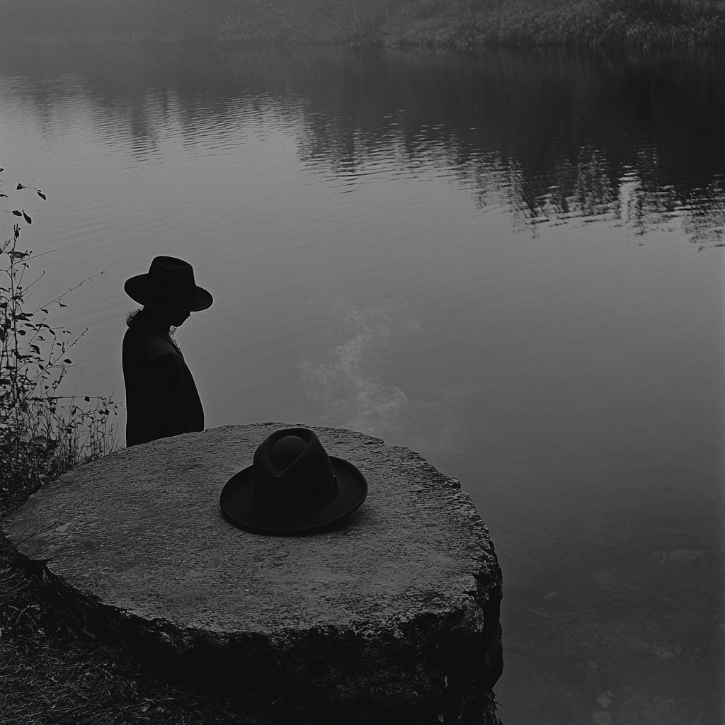 1950s noir detective series lakeside scene with smoking lady