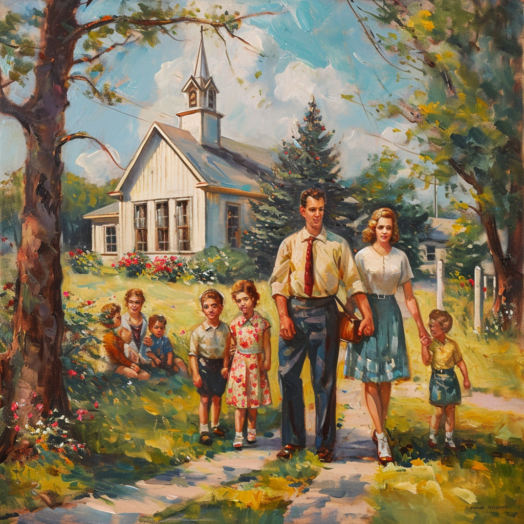 1950s painting man church family