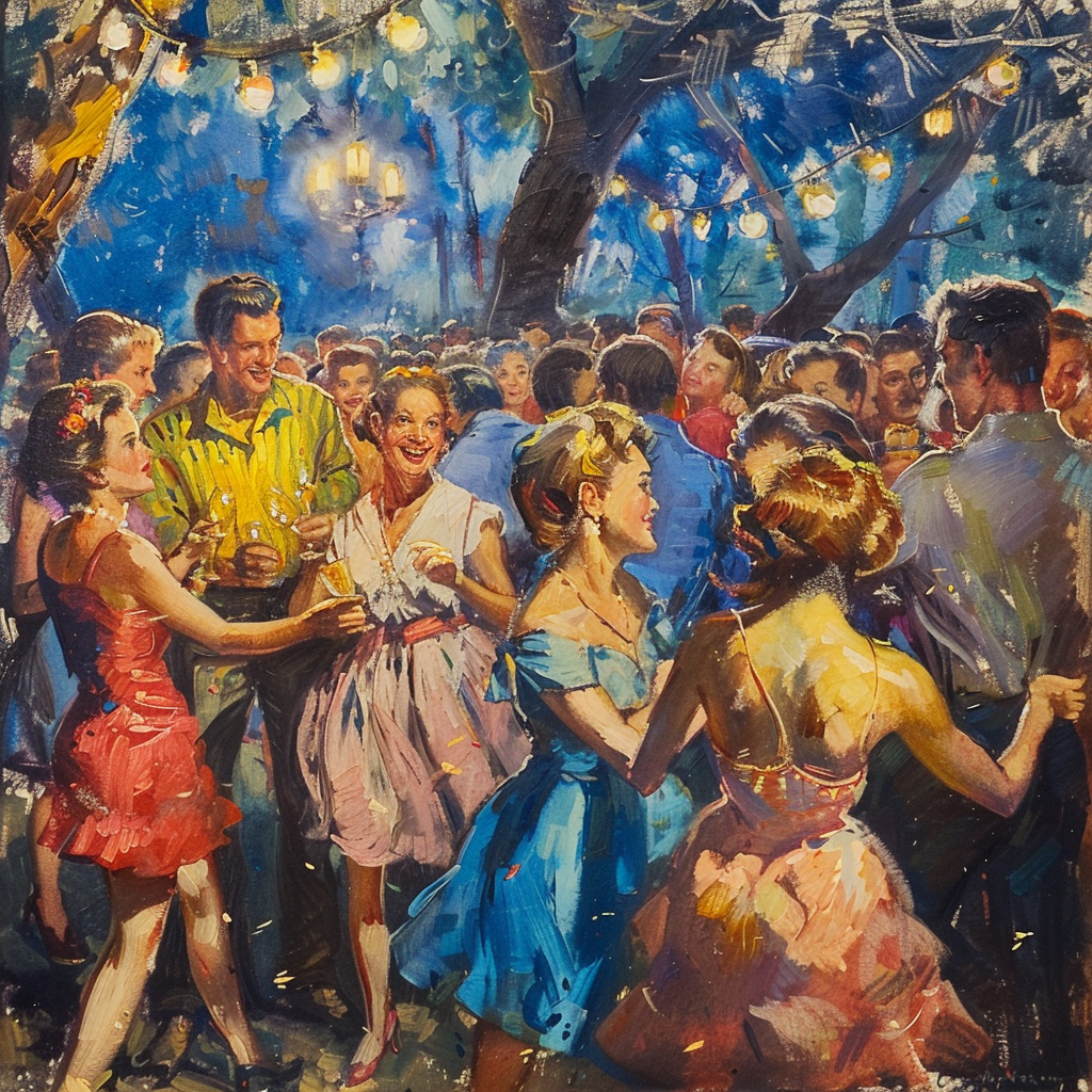 1950s party painting blue wash