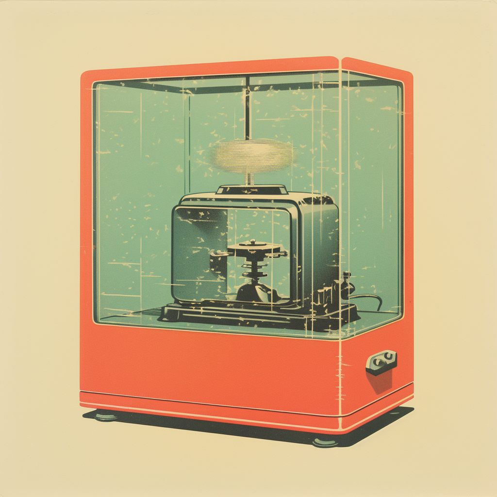 Vintage risograph art of a glass box machine