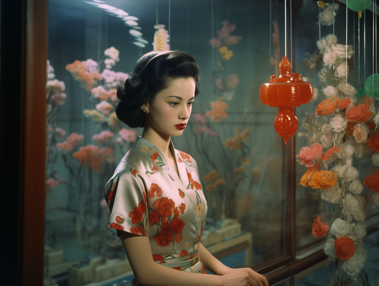 A colorful 1950s photograph of a mystical Rokurokubi