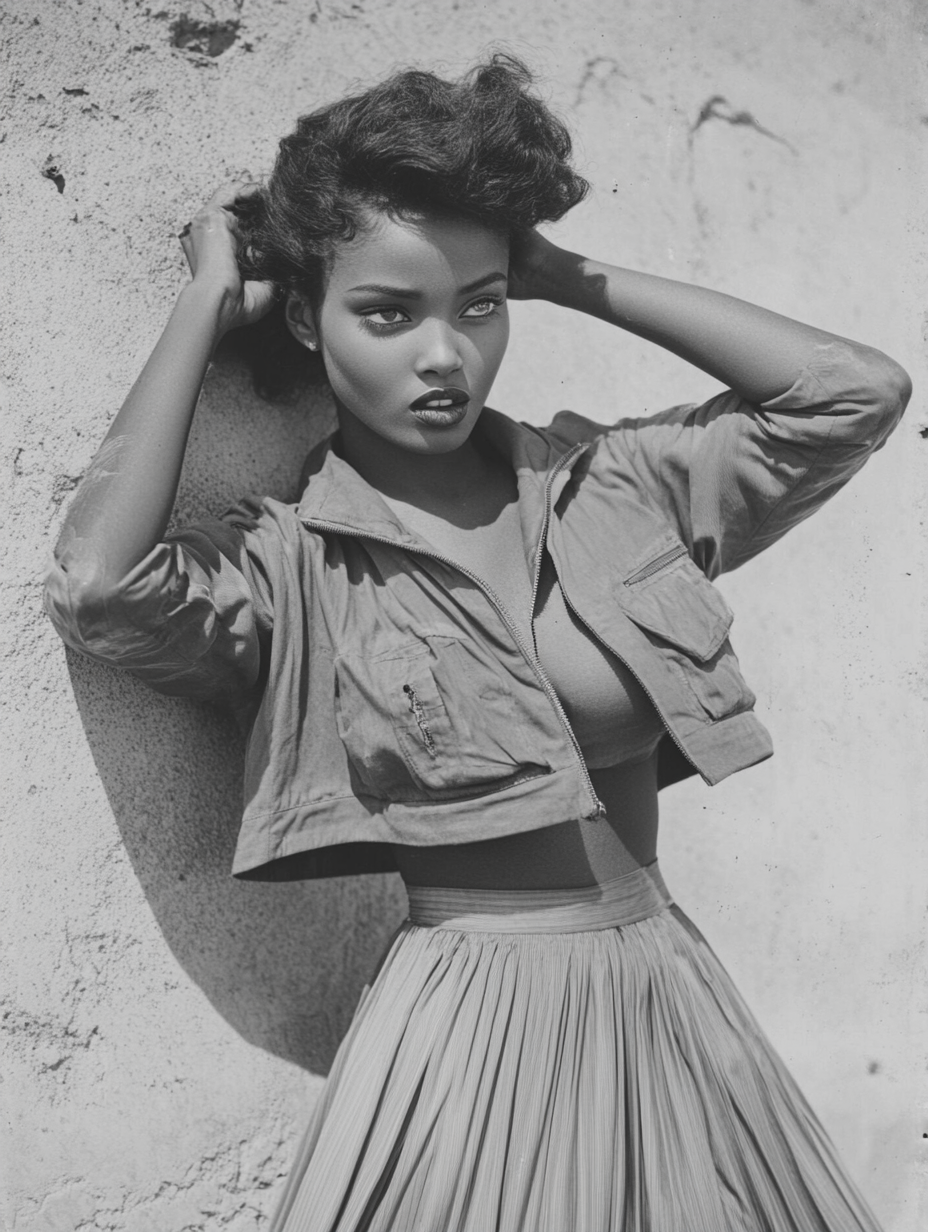 1952 Ethiopian woman in bomber jacket and pleated skirt.