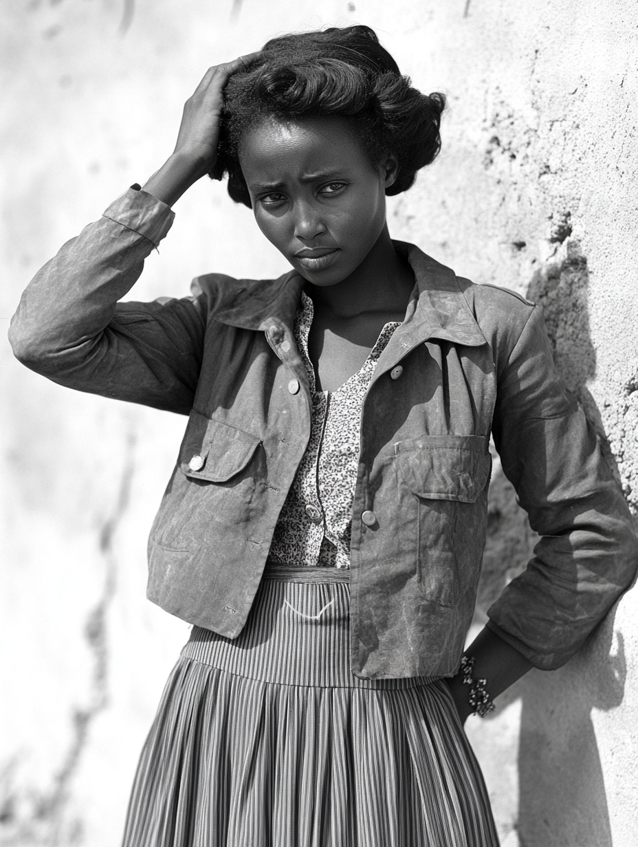 1952 vintage Ethiopian lady with bomber jacket and skirt