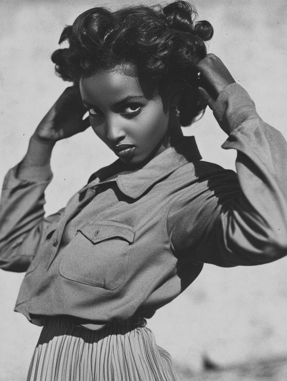 1952 vintage photo of Ethiopian woman in bomber jacket.