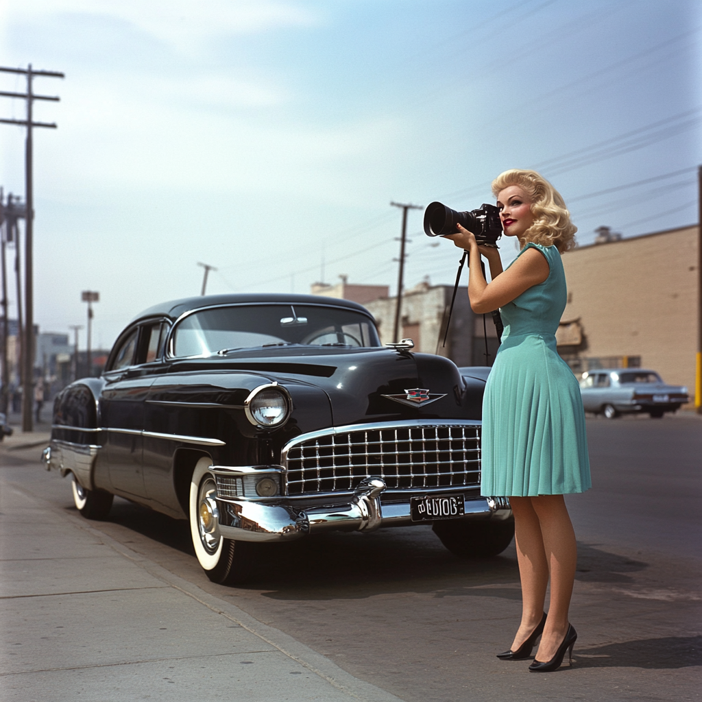 1954 Photographer captures Marilyn Monroe by black Cadillac.