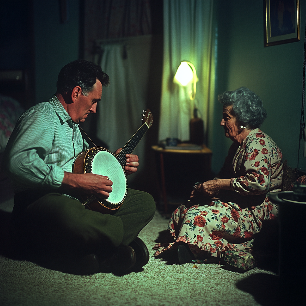 1956 Restored Kodachrome: Human crustacean playing banjo in bleak London bedsit