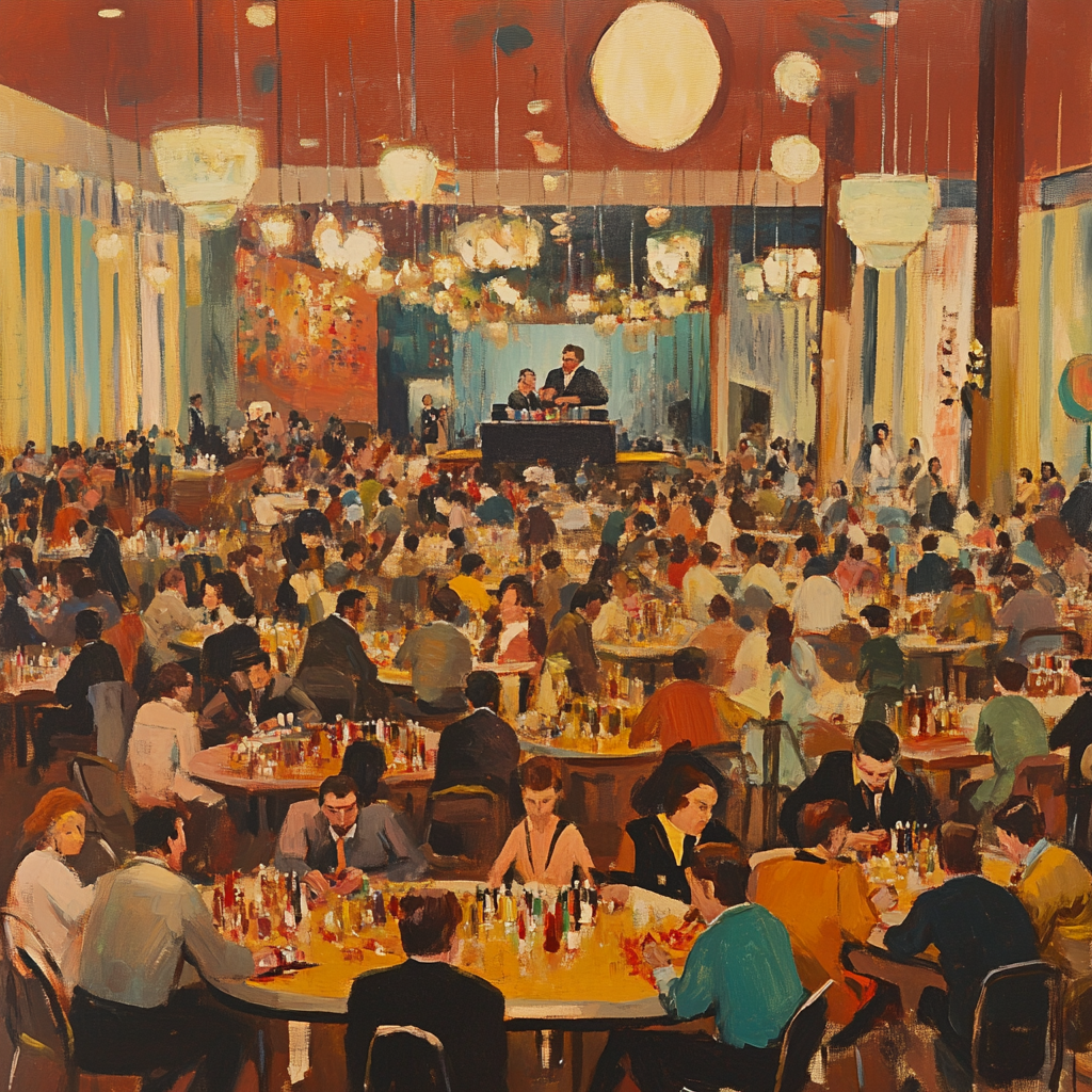 1960s Bingo Hall with Diverse Crowd and Caller 