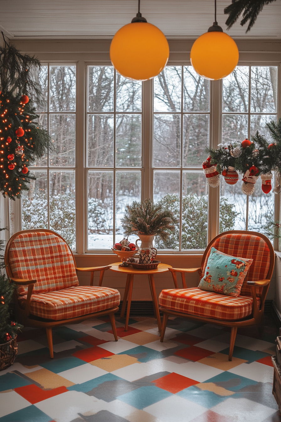 1960s Christmas sunroom with retro furniture and decor