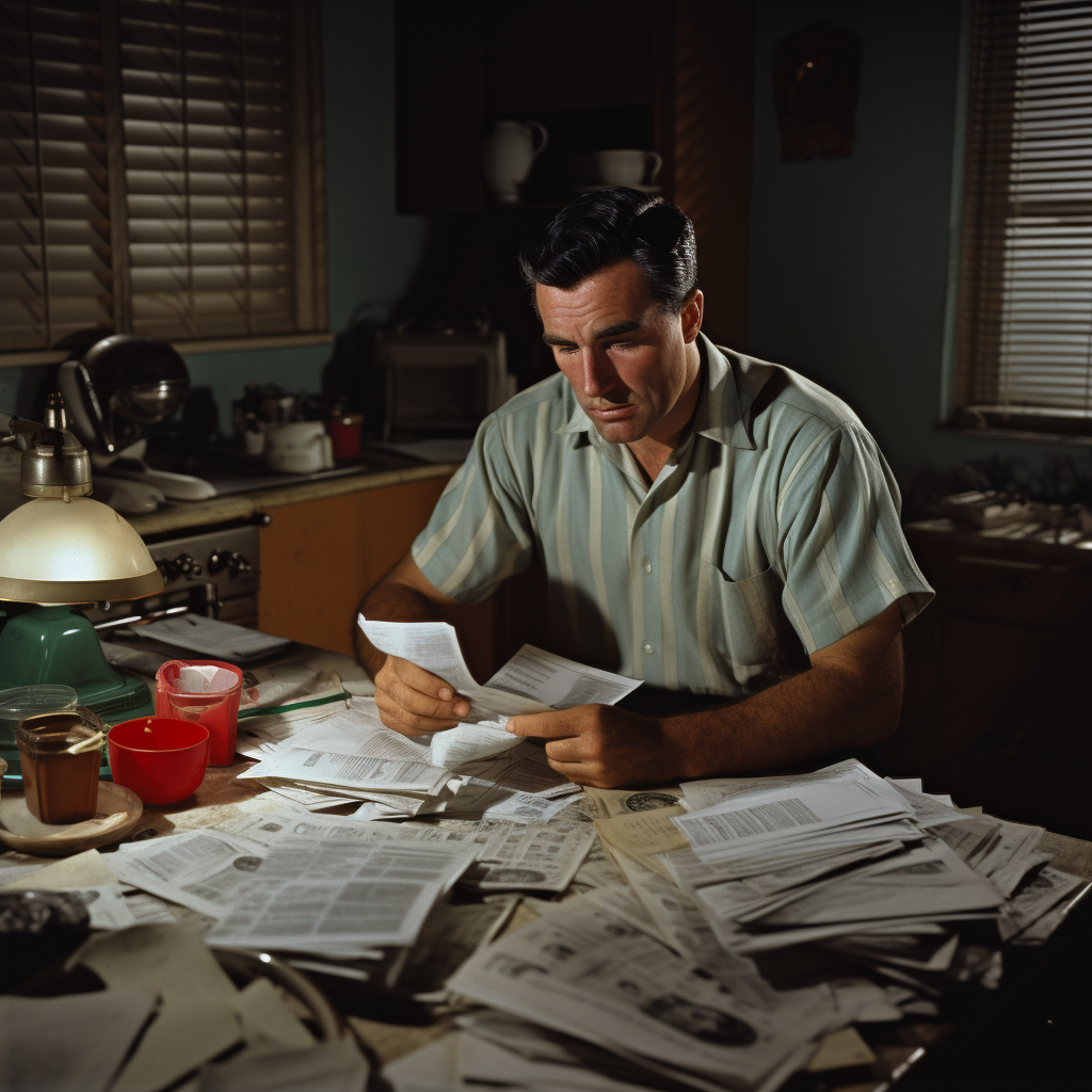 1960s American husband working on taxes