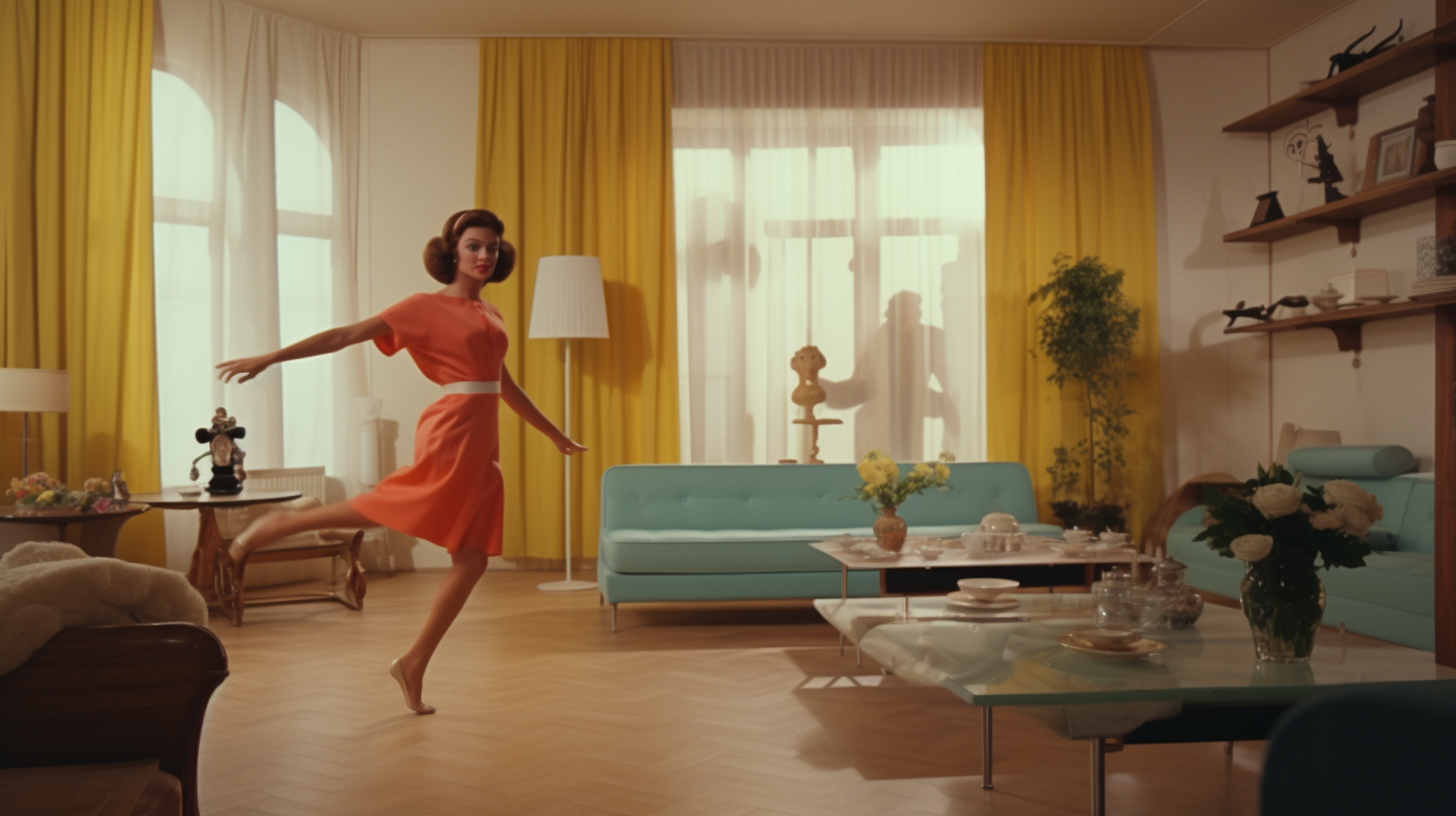 Woman dancing in 1960s living room