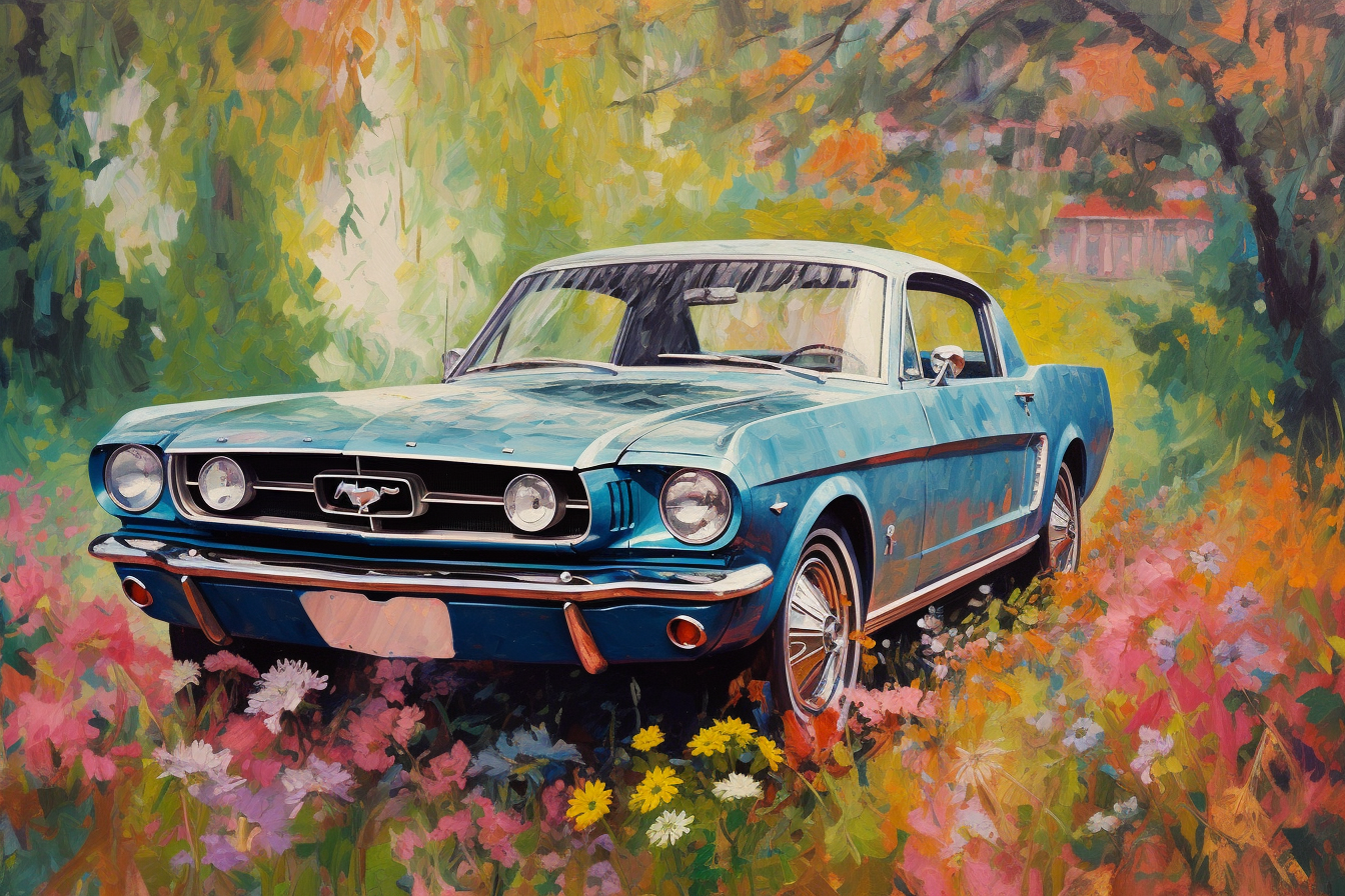 Impressionist-style 1960s Shelby Mustang with flowers