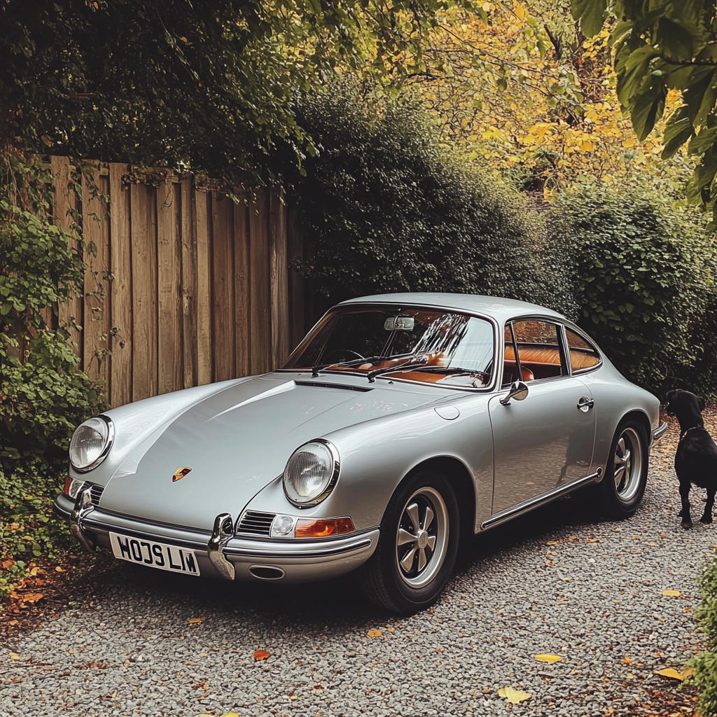 1960s silver porsche car parked by wood fence.