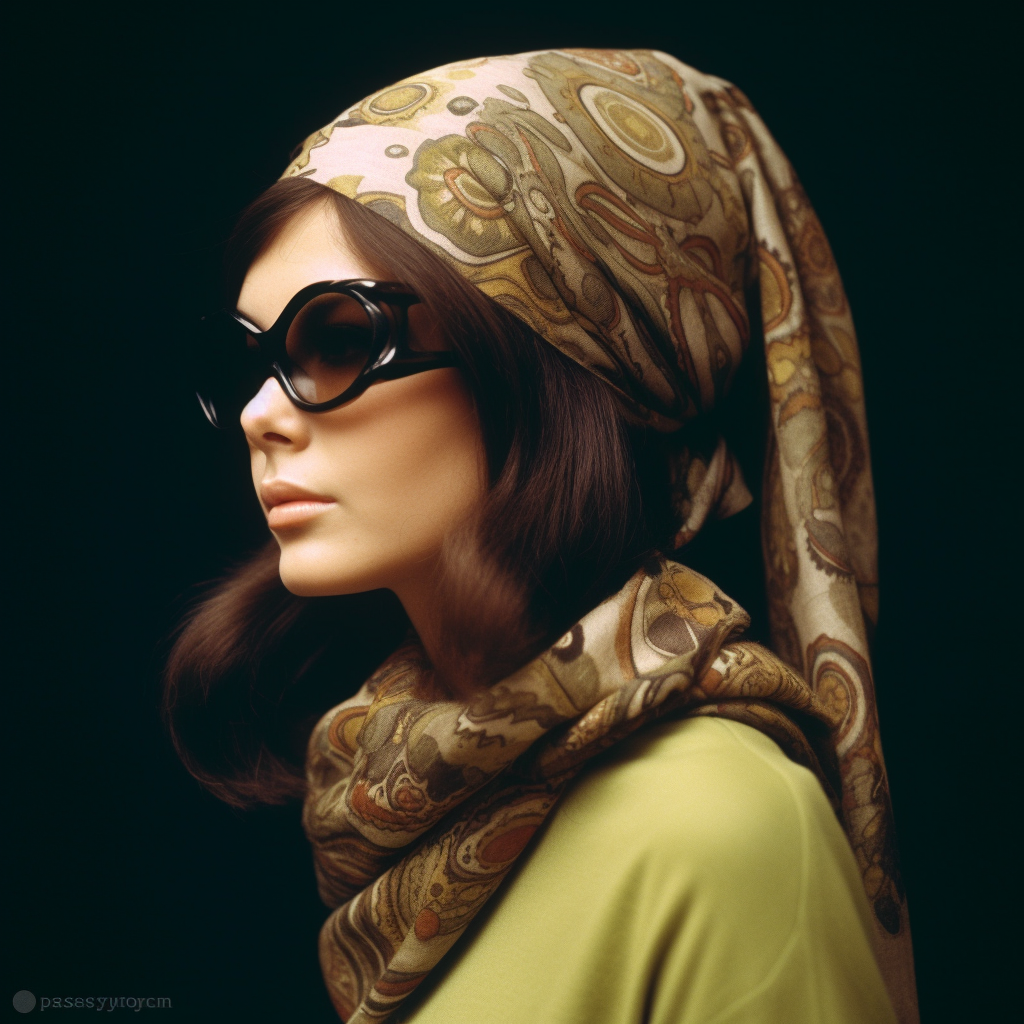 Stylish 1960s woman with square sunglasses and hair scarf