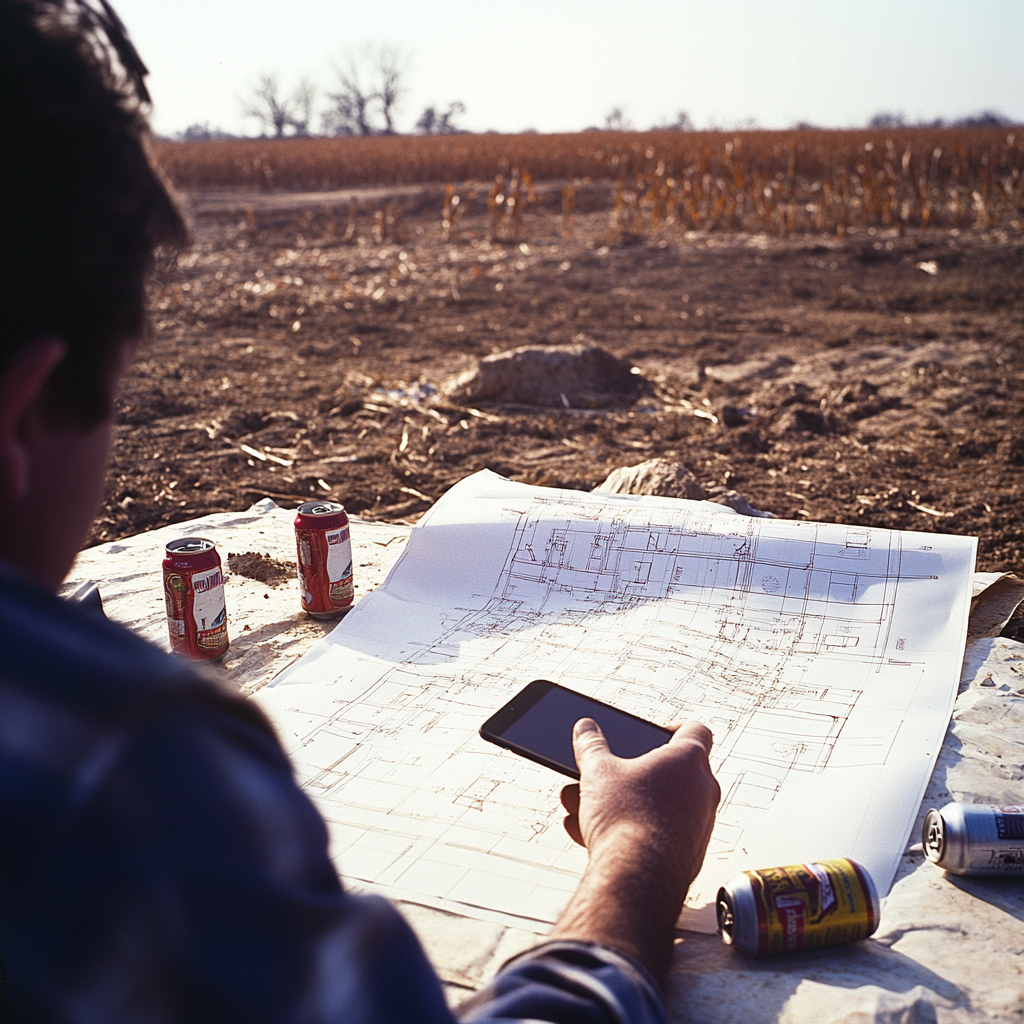 1970s Construction Site: Man Reading Plans with iPhone