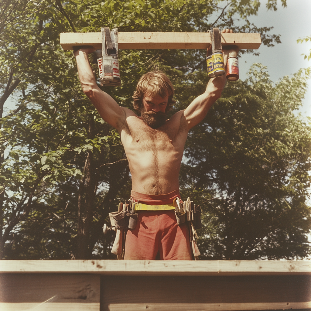 1970s Construction Worker in Athletic Shorts Holding Lumber Beer cans