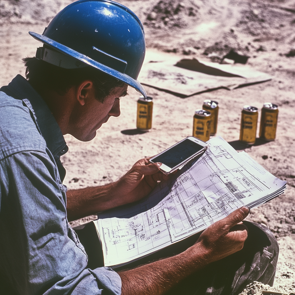 1970s Man Reading Construction Plans Outdoors with iPhone, Beer Cans