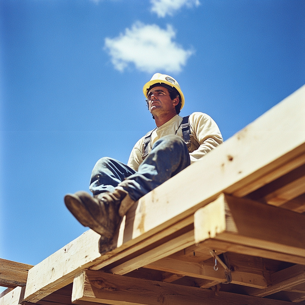 1970s Man Working on Deck Construction Project, Hyperrealistic