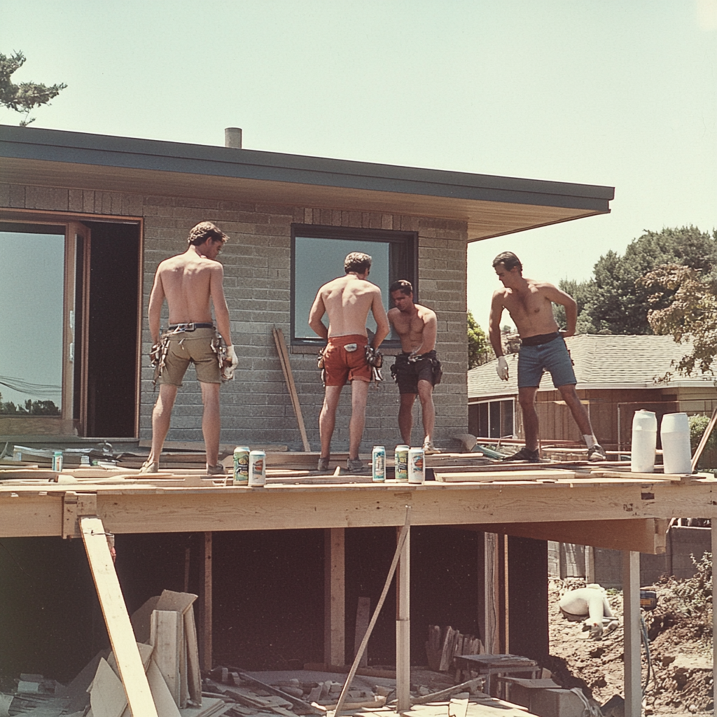 1970s Men Work on Unorthodox Carpentry Project 