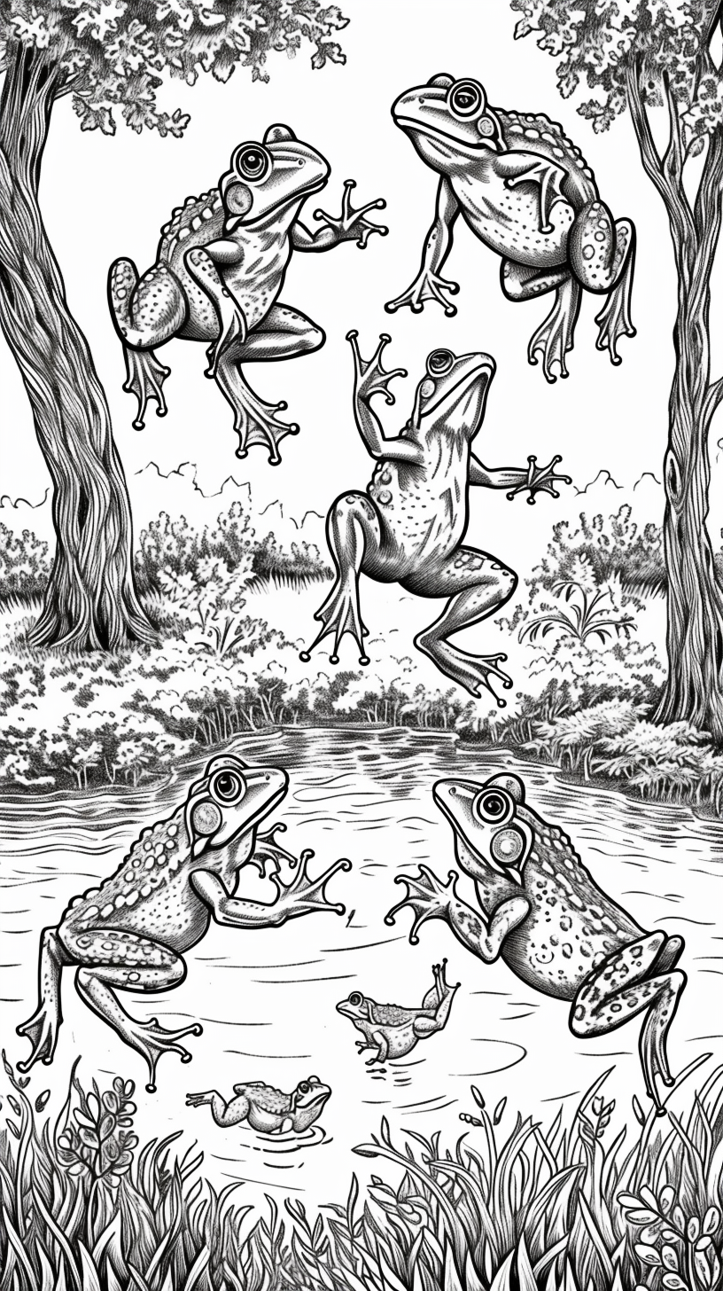 Joyous group of American bullfrogs jumping in landscape