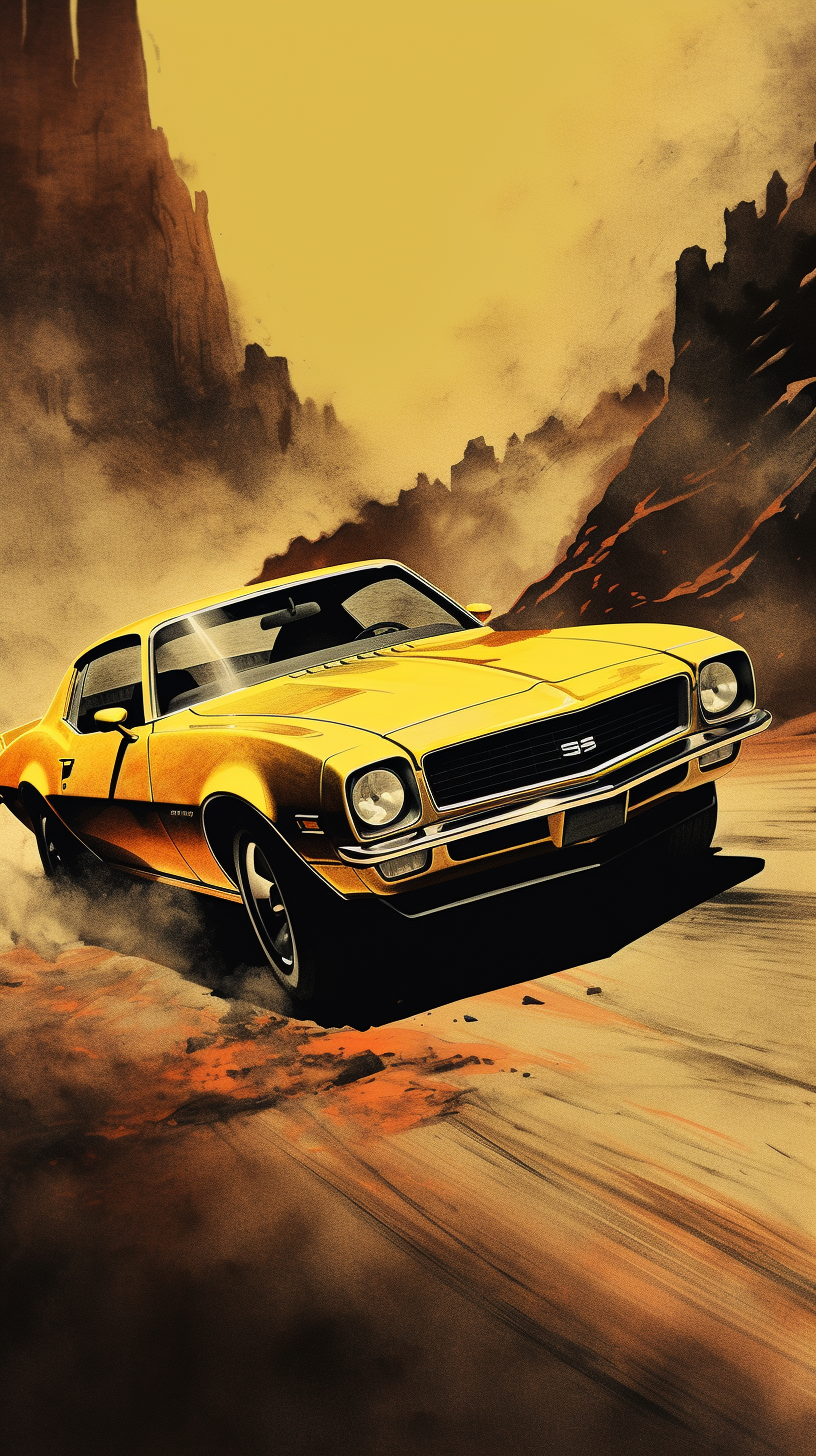 1970s yellow Camaro dark fantasy image