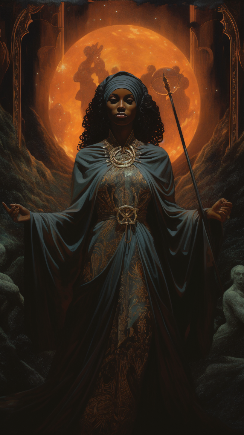 Dark Skinned Female Wizard in 1970s Fantasy Gothic