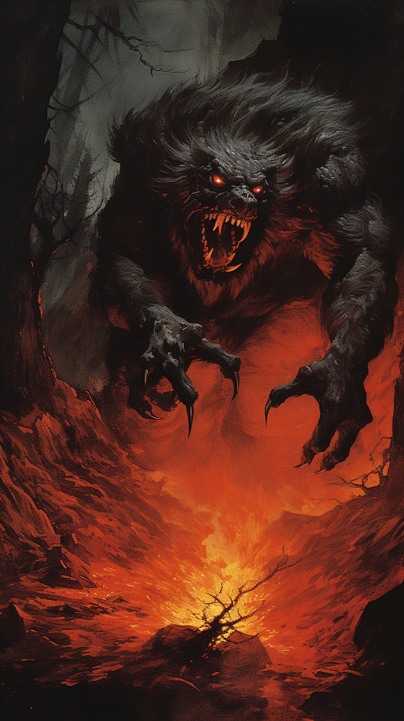 1970s fantasy gothic fire beast falling into darkness