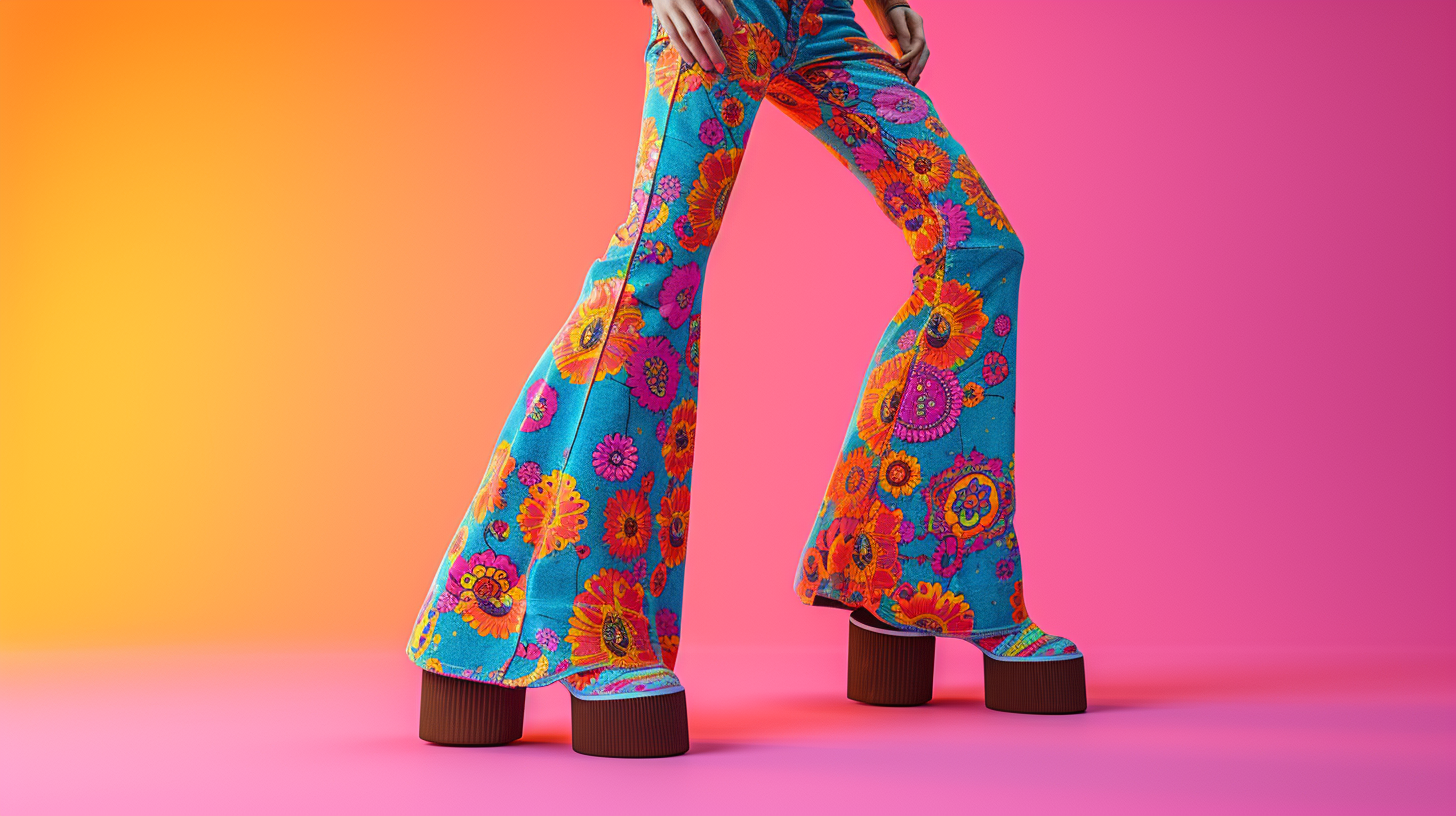 1970s fashion model in vibrant bell-bottoms