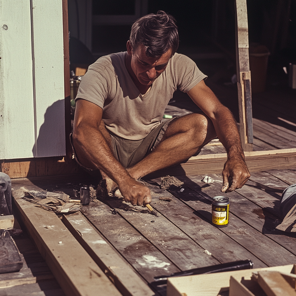 1970s man hammering deck construction, beer nearby, athletic shorts