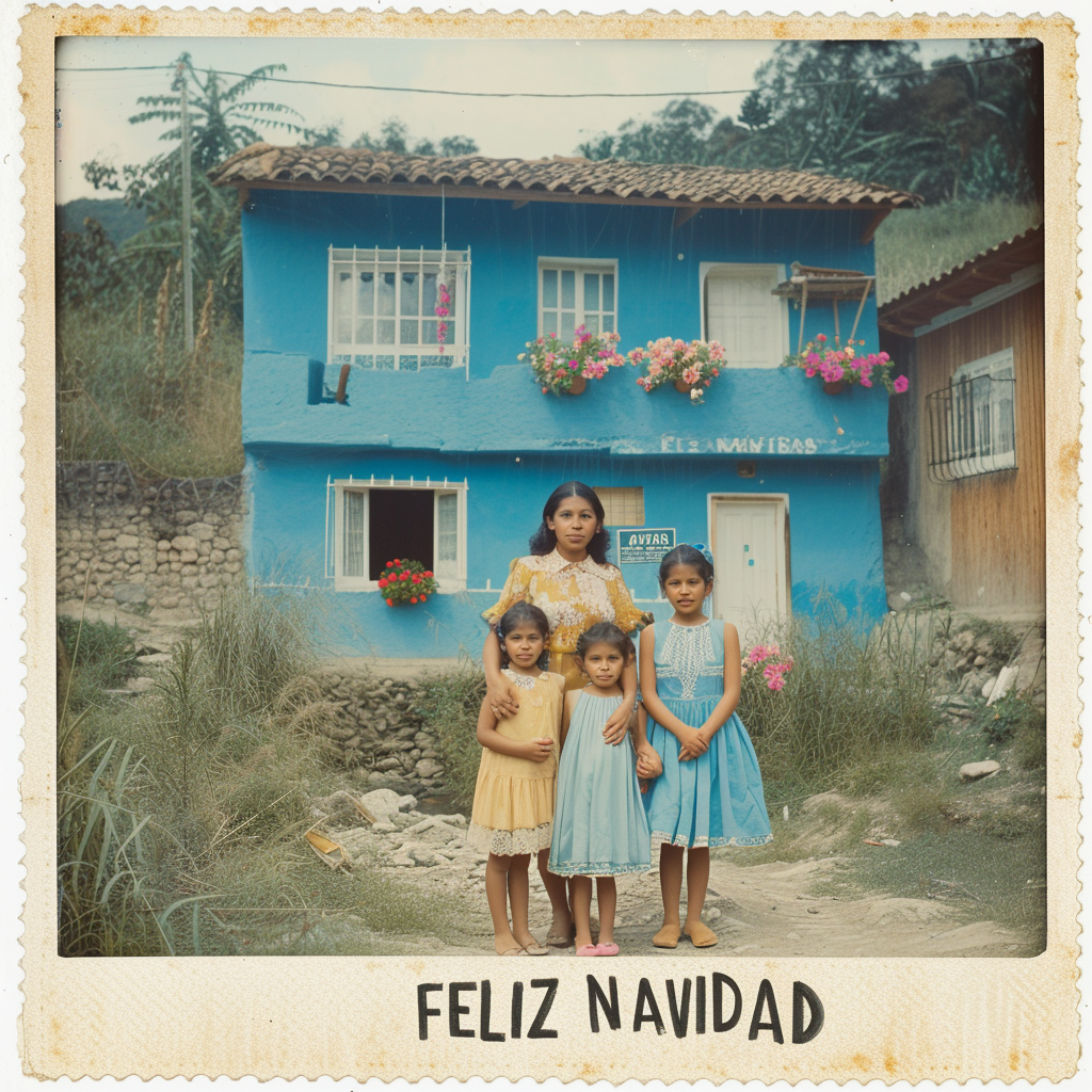 Mexican mother and daughters in 1970s Christmas card