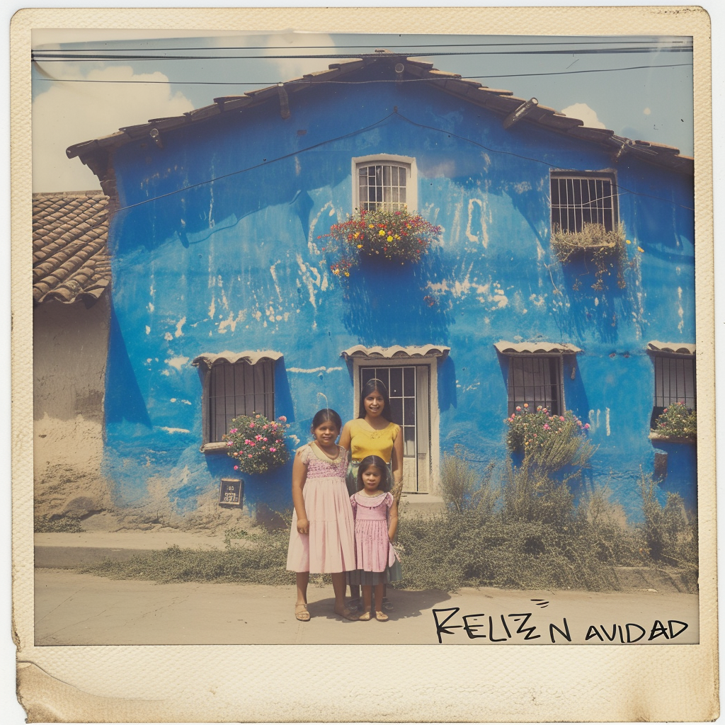 1970s Mexican family in front of blue colonial house