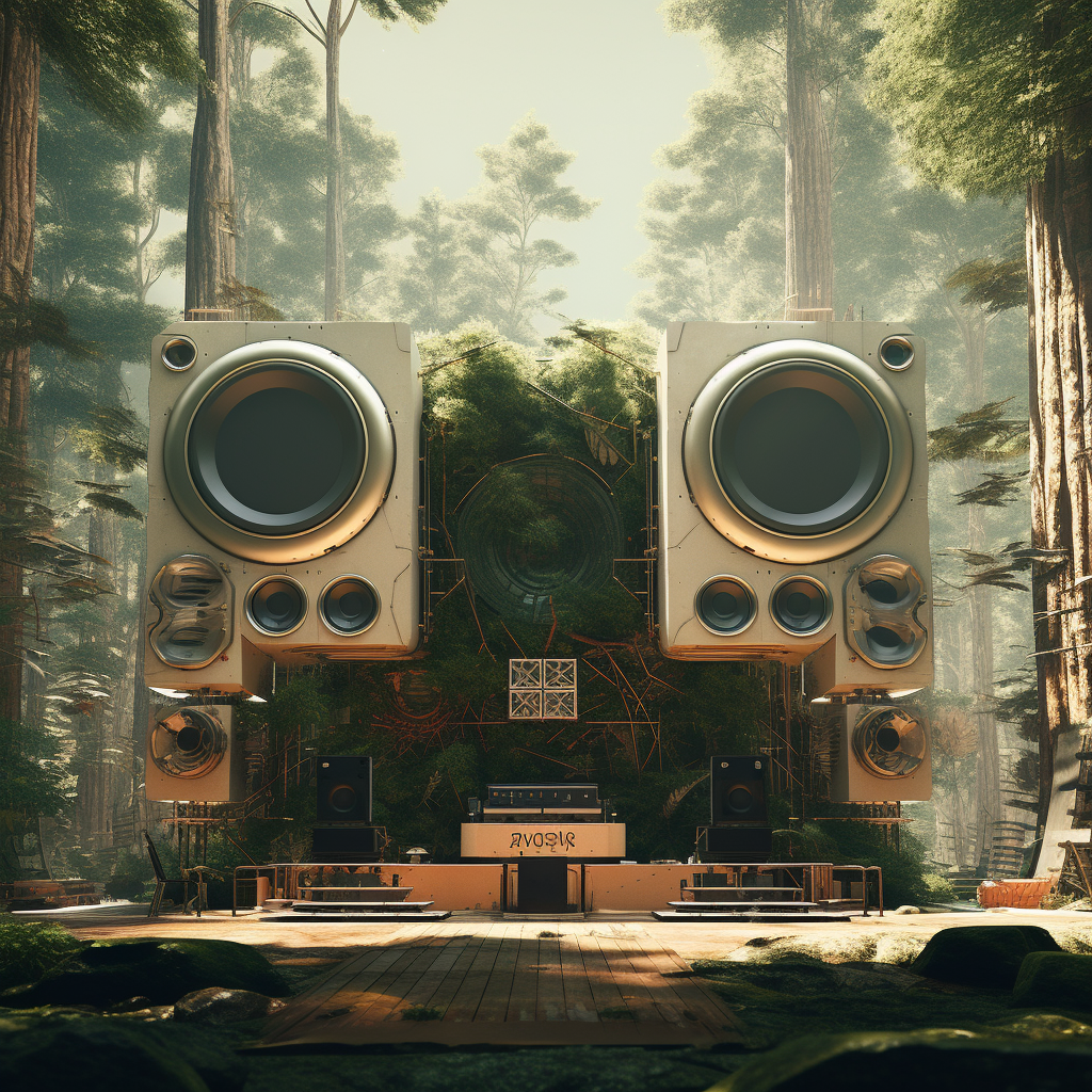 1970s sci-fi forest speaker solarpunk