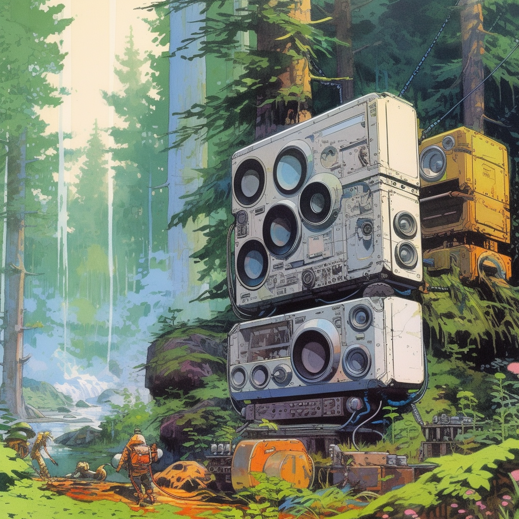 Outdoor forest with vintage sci-fi speaker driver