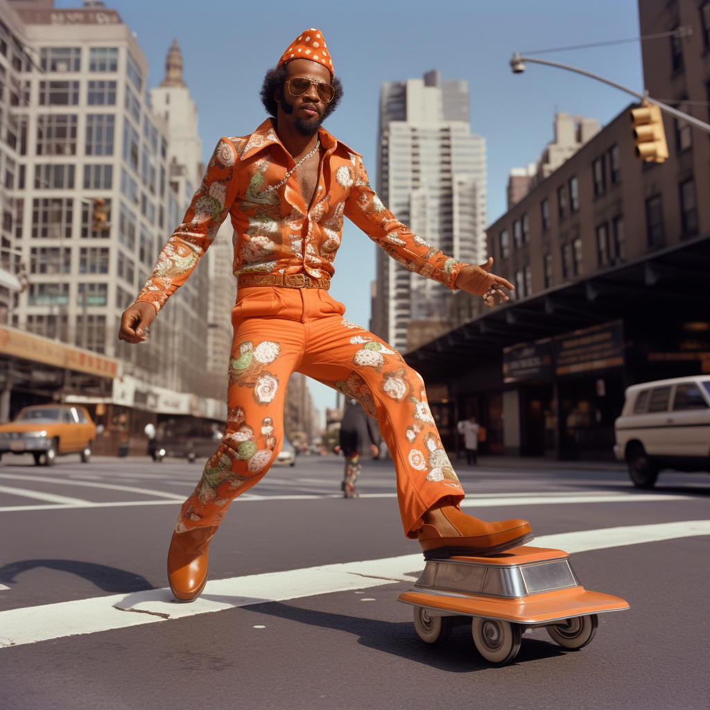 1970s man rollerskating in vibrant orange outfit