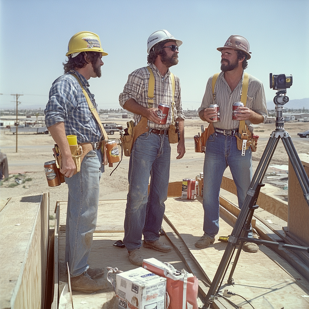 1975 Men Building Deck with Beer and Camera