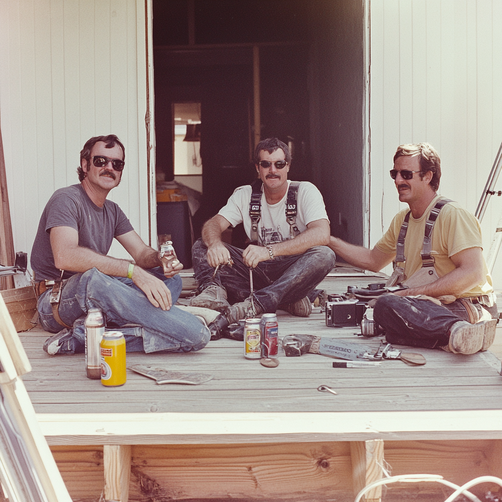 1975 men working on deck project in desert city