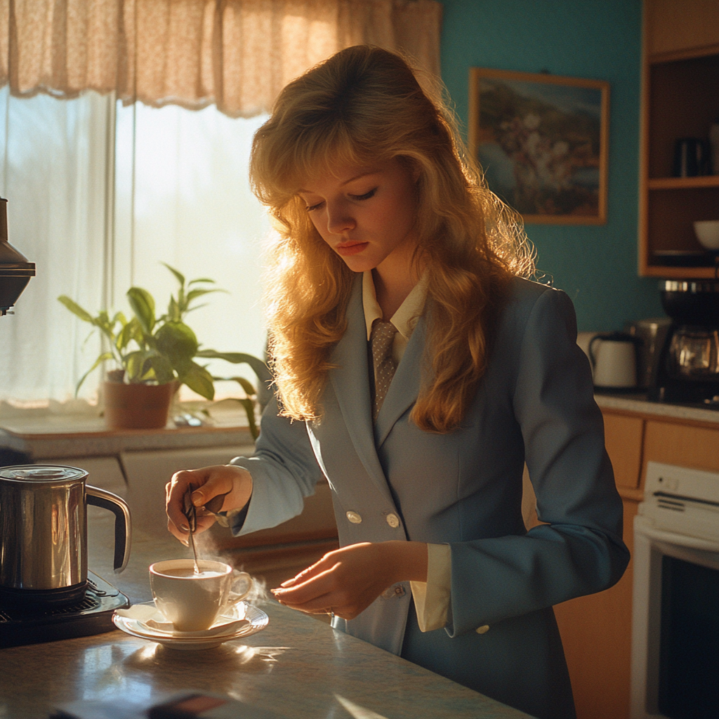 1980's Blonde Woman Making Coffee in Business Suit