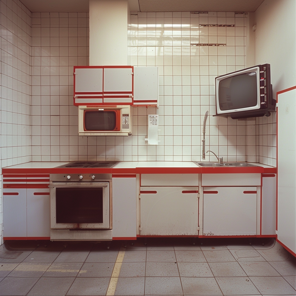 1980's Minimal Kitchen Design with Red Trim Tiles and Nightmare TV Art Installation