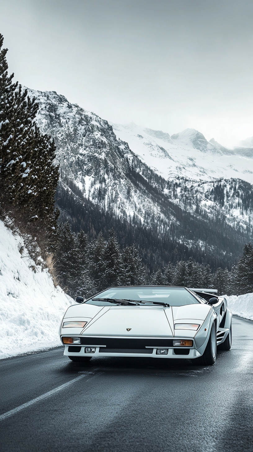 1980 Lamborghini Countach in glossy white amidst snow-covered mountains.