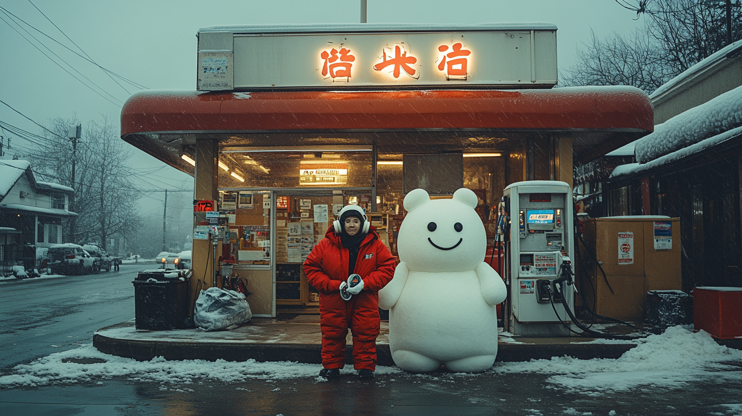 1980 movie scene: marshmallow gas station worker with headphones.