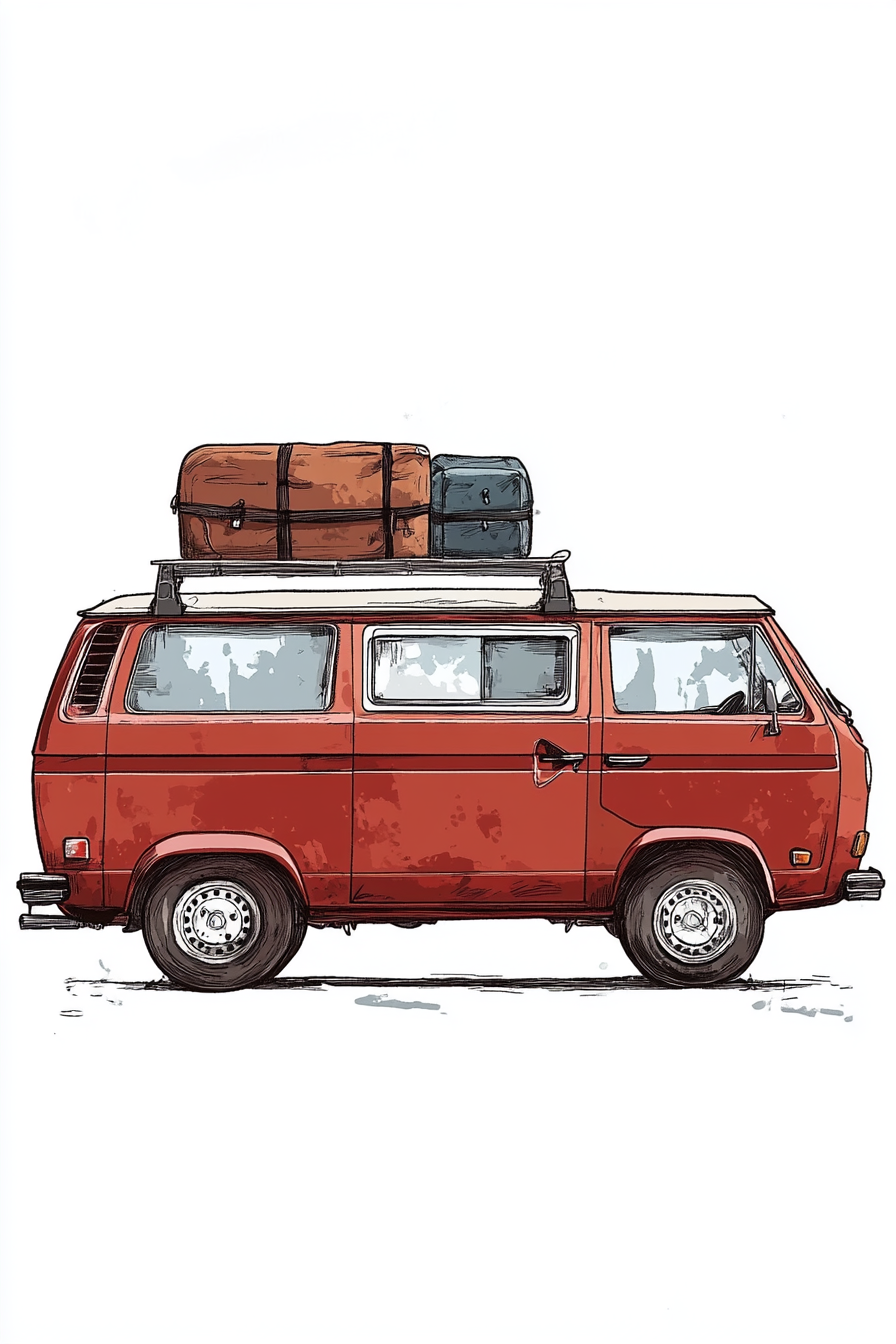 1980 red van with luggage on roof, drawn in ink.