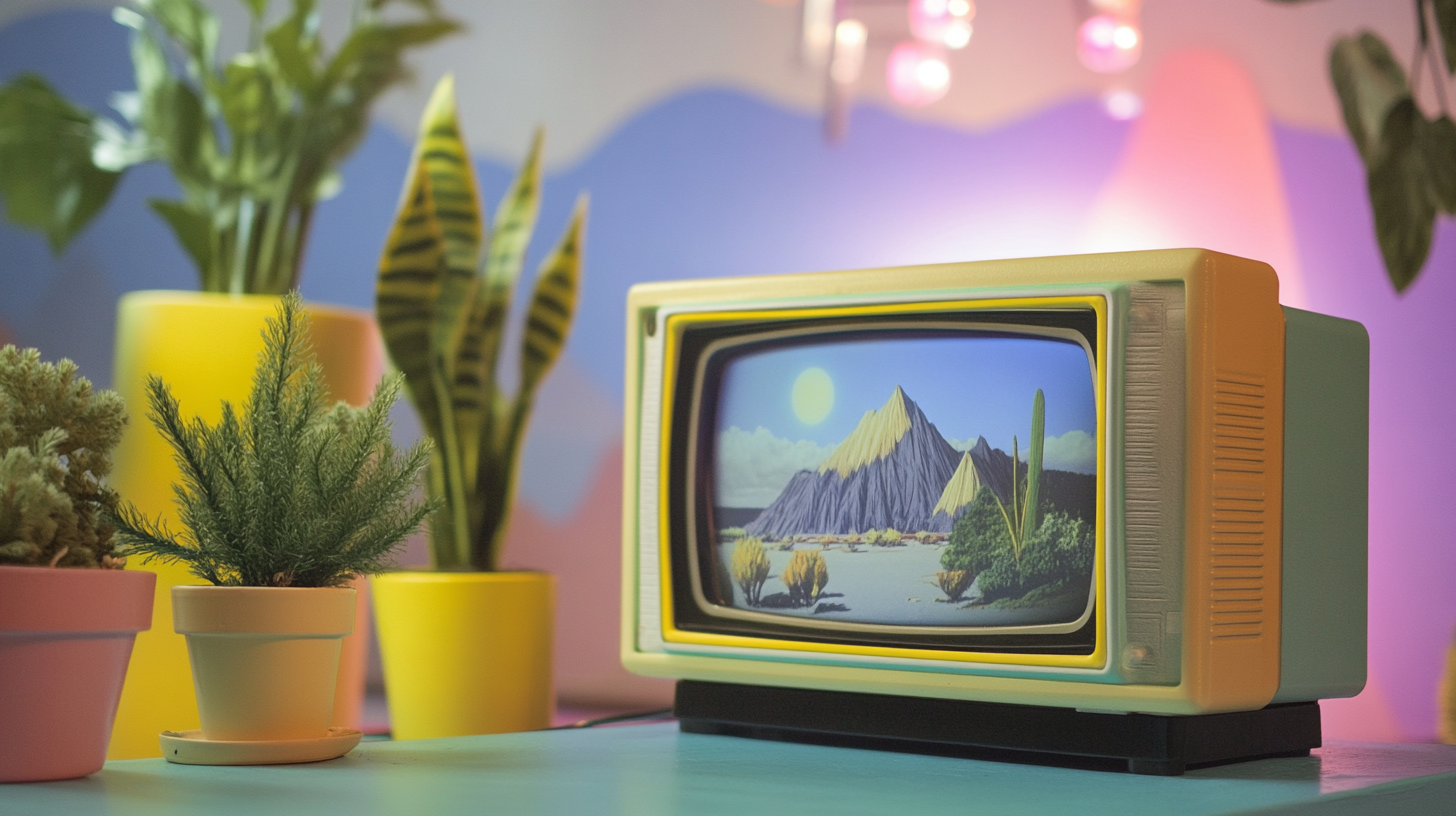 1980s TV frame on pastel desk with neon plants.