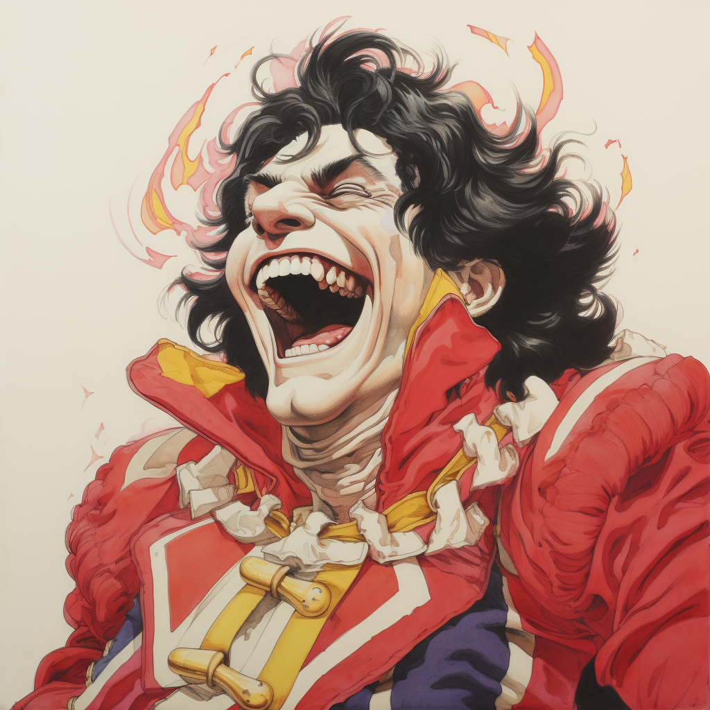 Impish jester laughing in colorful 1980s anime style