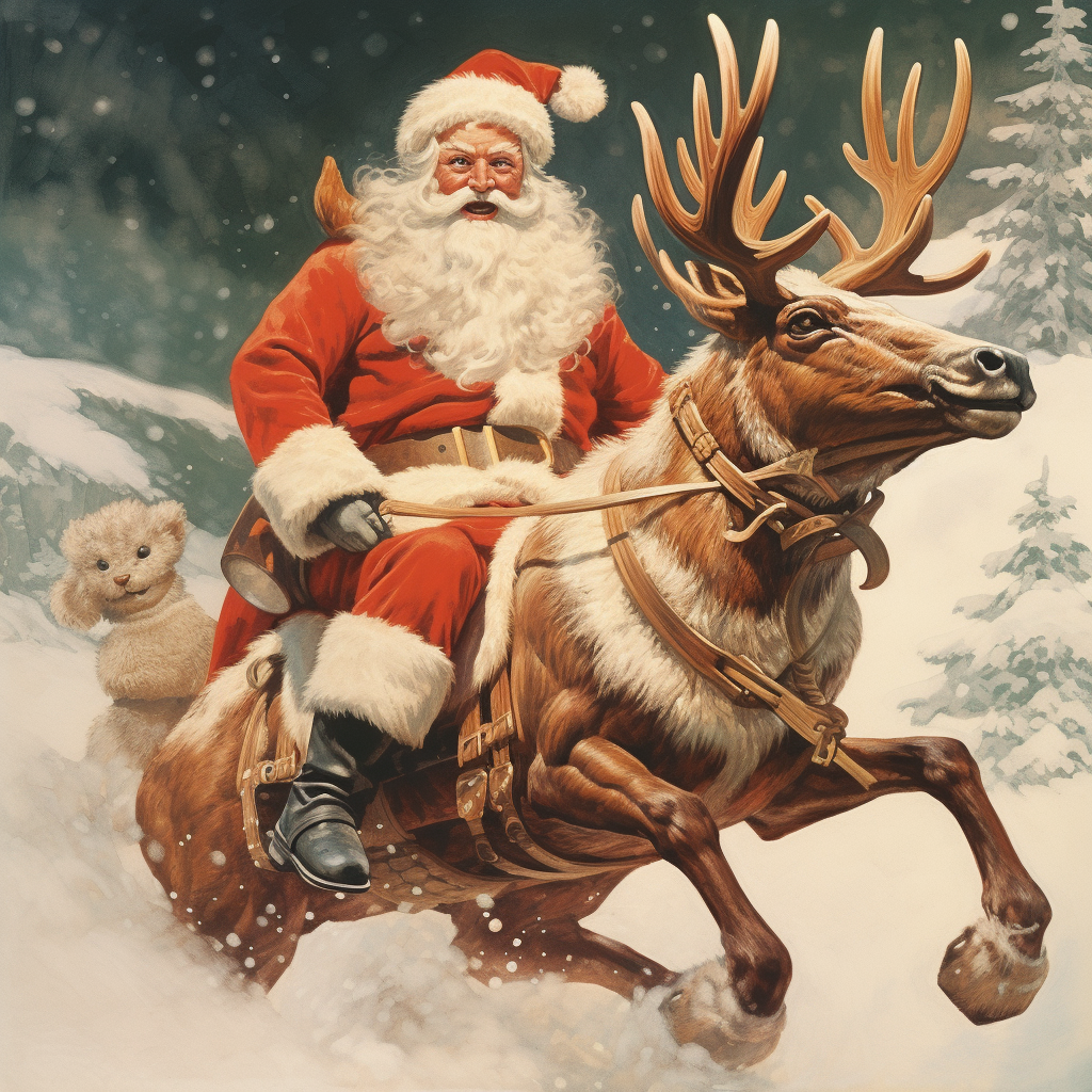 Santa and reindeer in 1980s Christmas card art