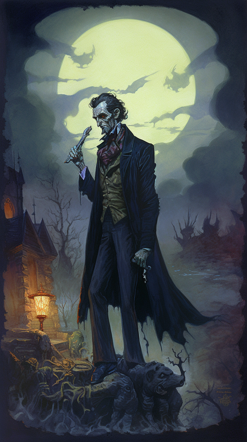 Dark fantasy book illustration in Frazette-Art style featuring Abe Lincoln as a vampire slayer