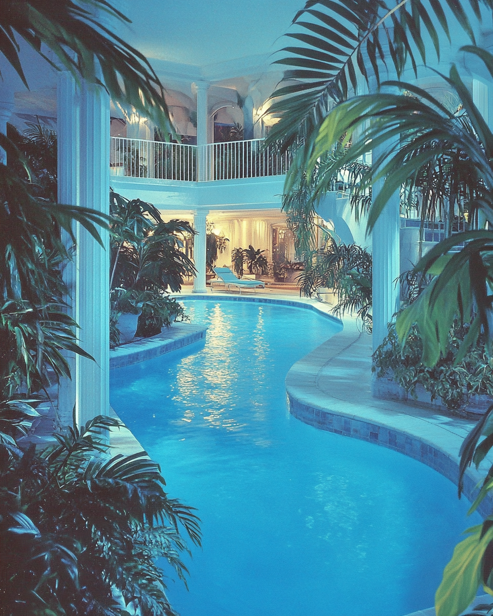 1980s decor style magazine, mansion indoor pool, Miami.