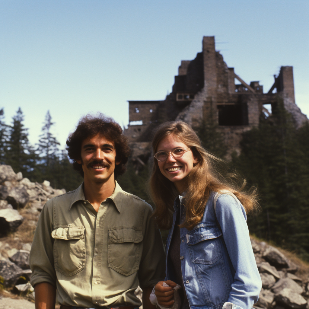 Family hikers smiling in 1980s