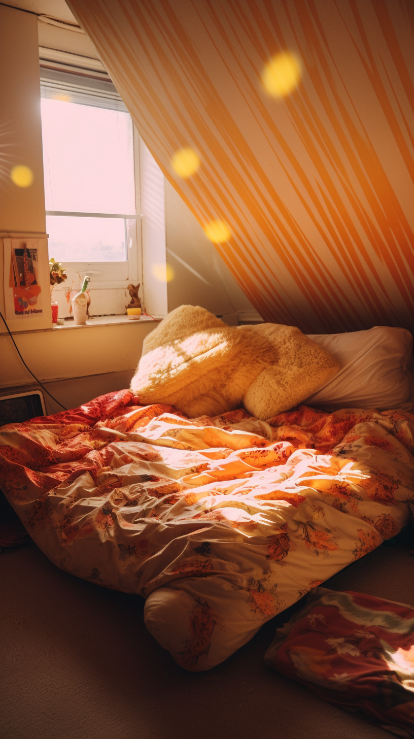 Vibrant 1980s interior bedroom with neon pattern