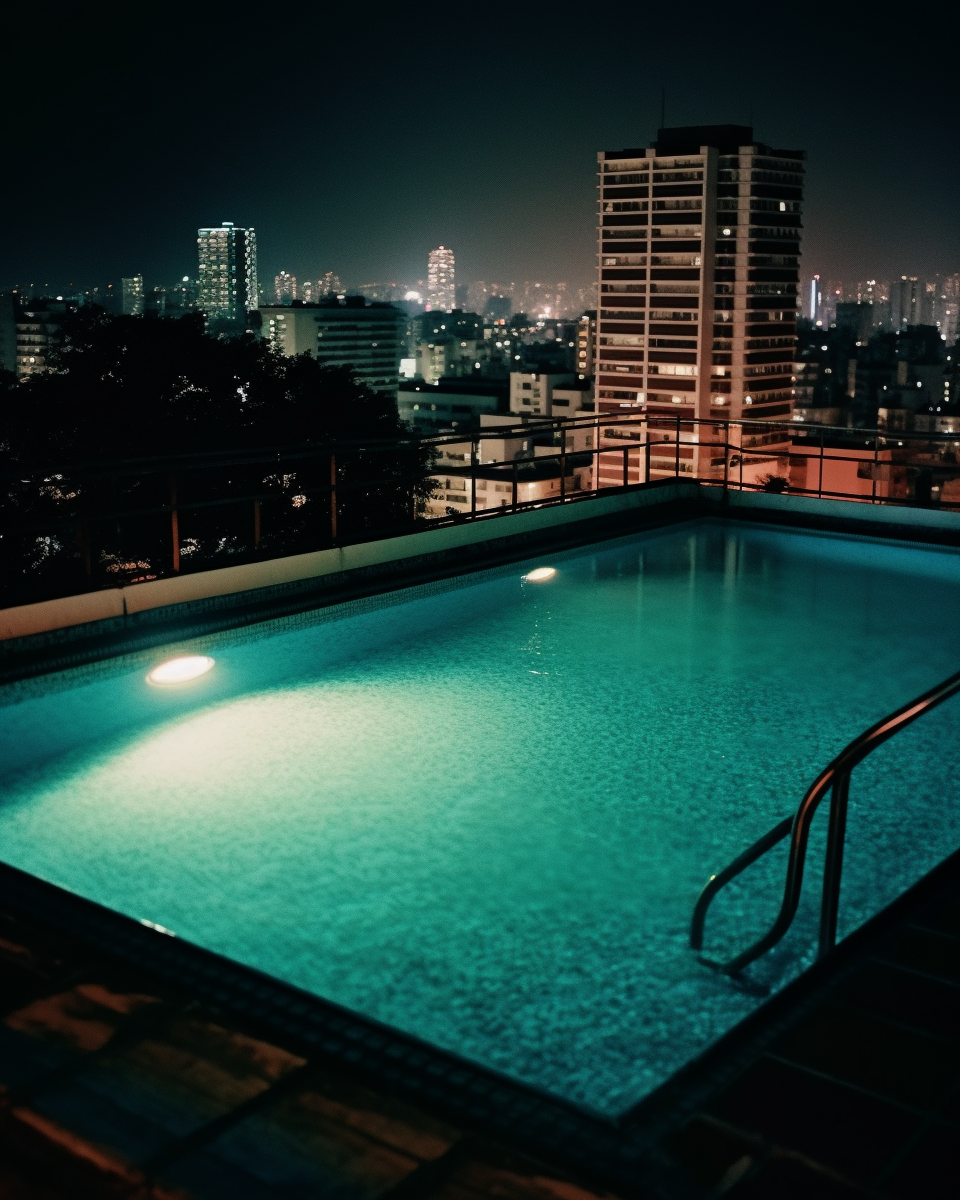 Swimming pool in 1980s Tokyo at night