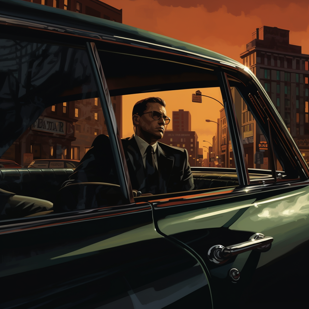 Mobster sitting in Buick, gazing at urban reflection