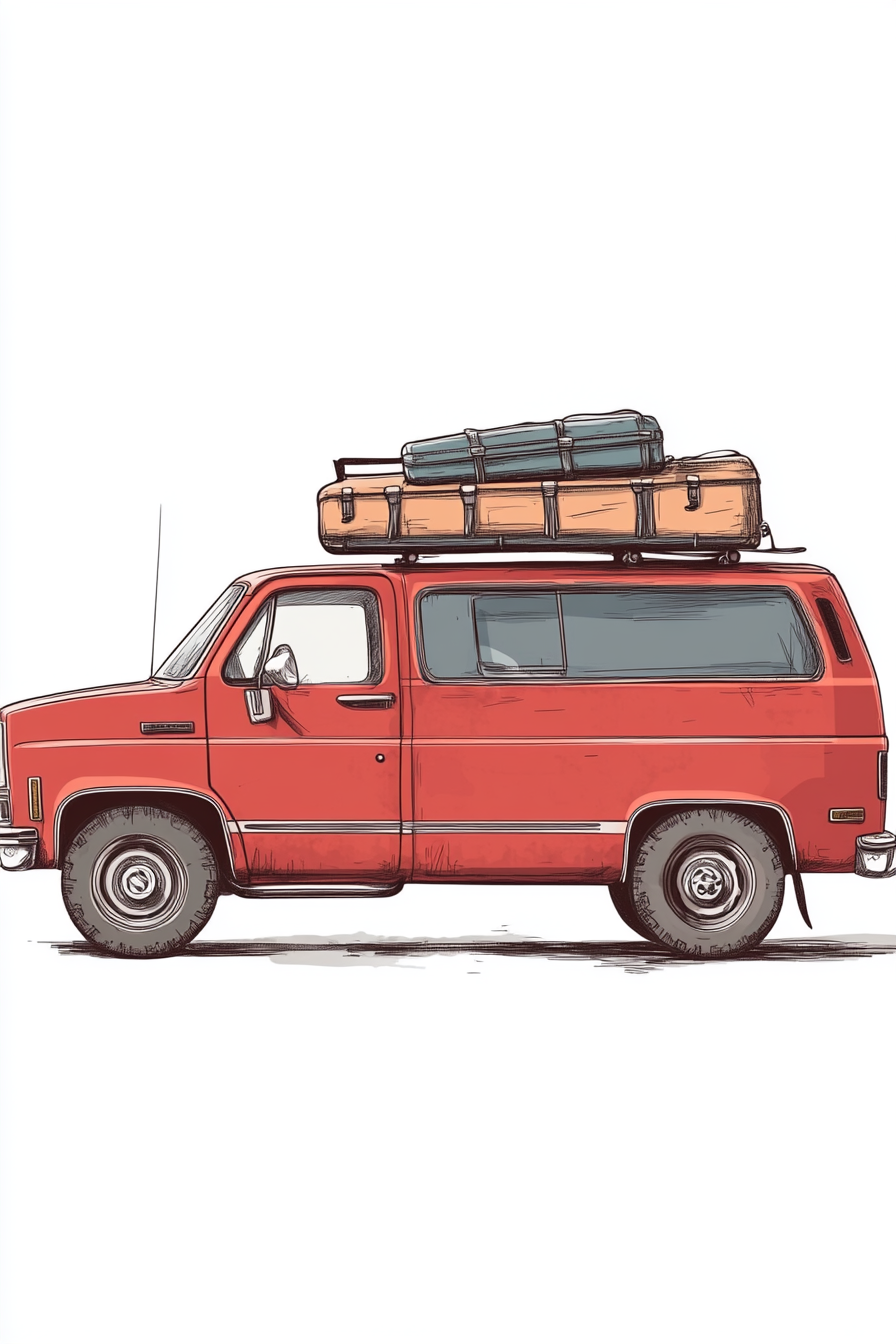 1980s red Chevy panel van with luggage on roof.